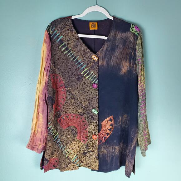 JG's Mad Lab Women Multicolor Art To Wear Button Down V-Neck Blouse Top Size S/M - Picture 1 of 9